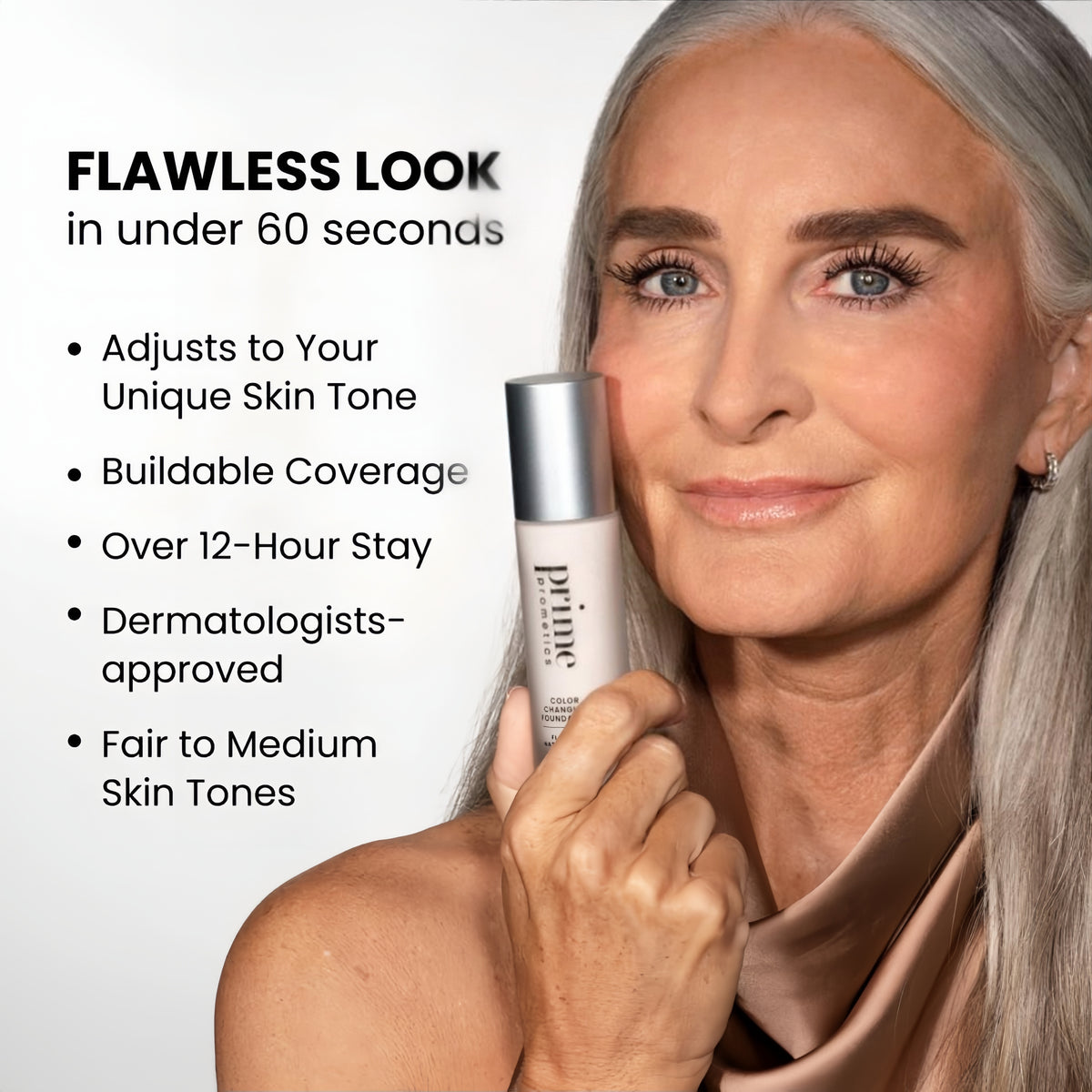 Prime Prometics Color Changing Foundation for Mature Women Instantly Adapts to Your Skin Tone, Buildable Light-to-Medium Coverage, 12-Hour Wear, Natural Dewy Finish, Hypoallergenic