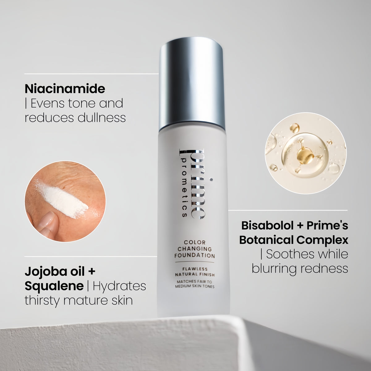 Prime Prometics Color Changing Foundation for Mature Women Instantly Adapts to Your Skin Tone, Buildable Light-to-Medium Coverage, 12-Hour Wear, Natural Dewy Finish, Hypoallergenic